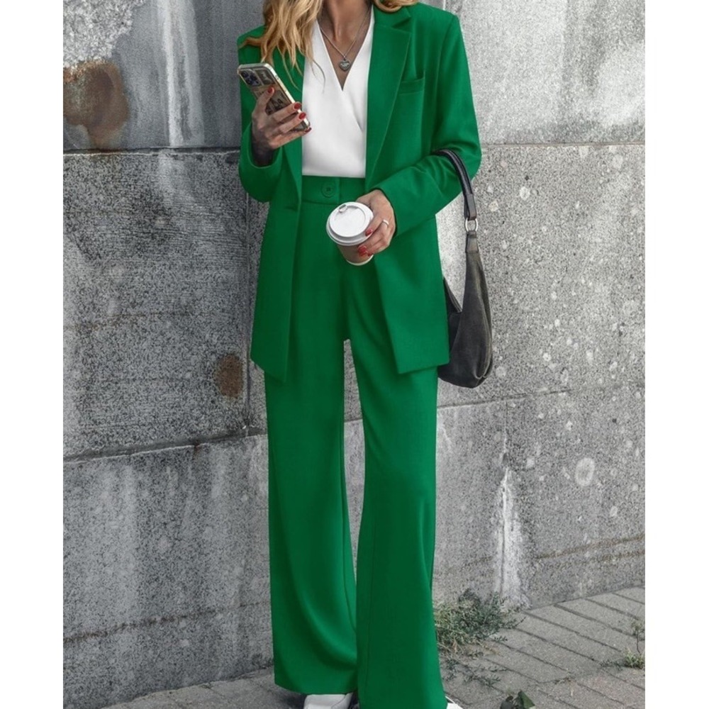 Womens Green Pant Suit Set Large Wide Leg Blazer Office Career Business Chic - Picture 1 of 12
